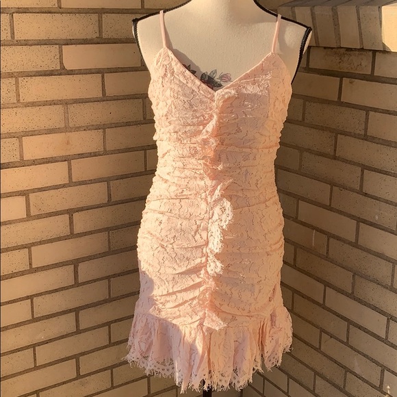 ❌DONATED❌Blush Pink Ruching Ruffle Lace V-neck Adjustable Strap Dress - Picture 4 of 8